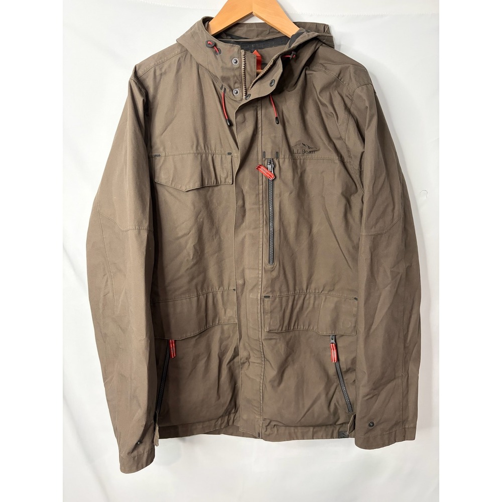 LL Bean Mens Olive Traverse Tek Cotton Canvas Utility Jacket Mens XL Hooded Gorp